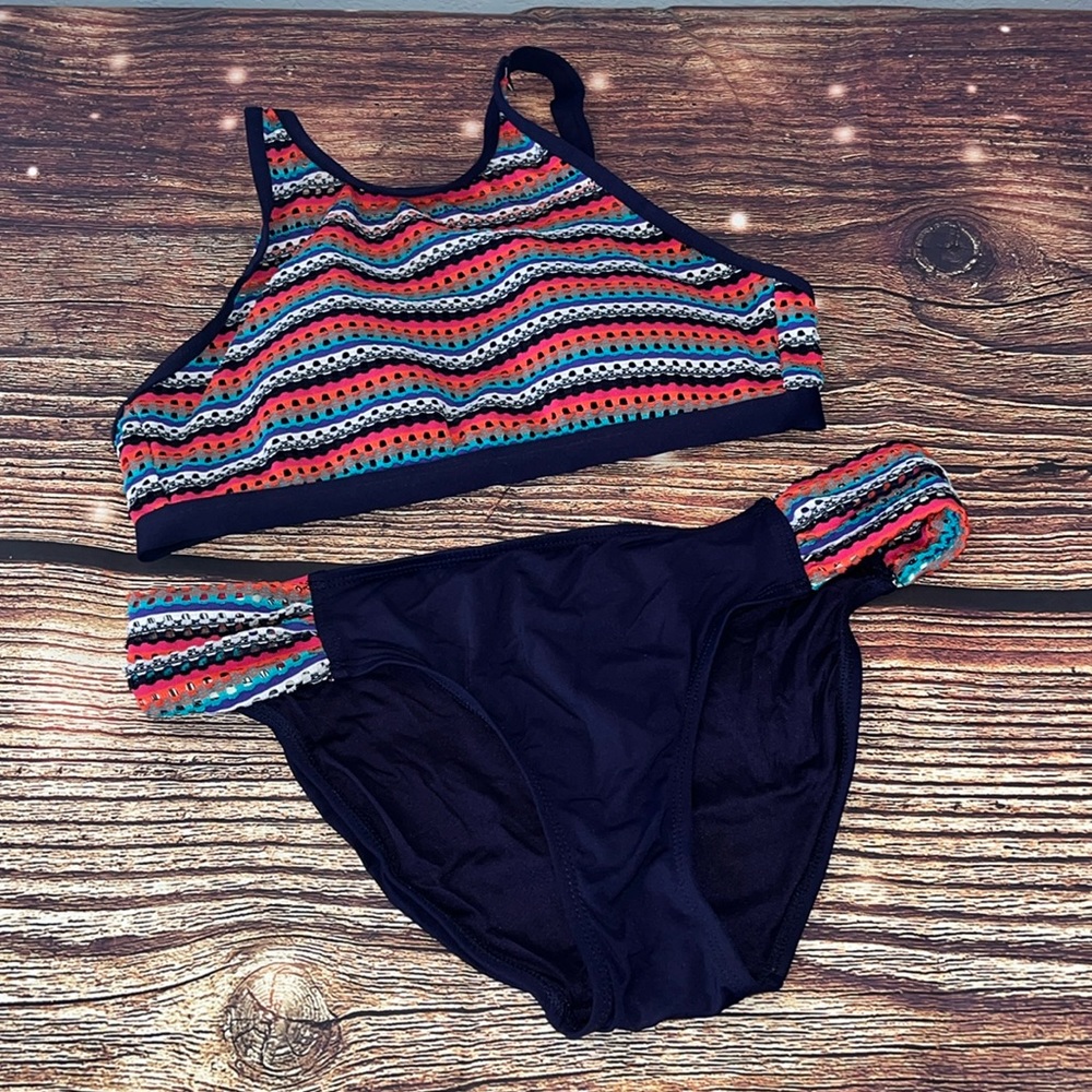 Anne Cole Navy Bikini Set with Multicolor Stripe Top